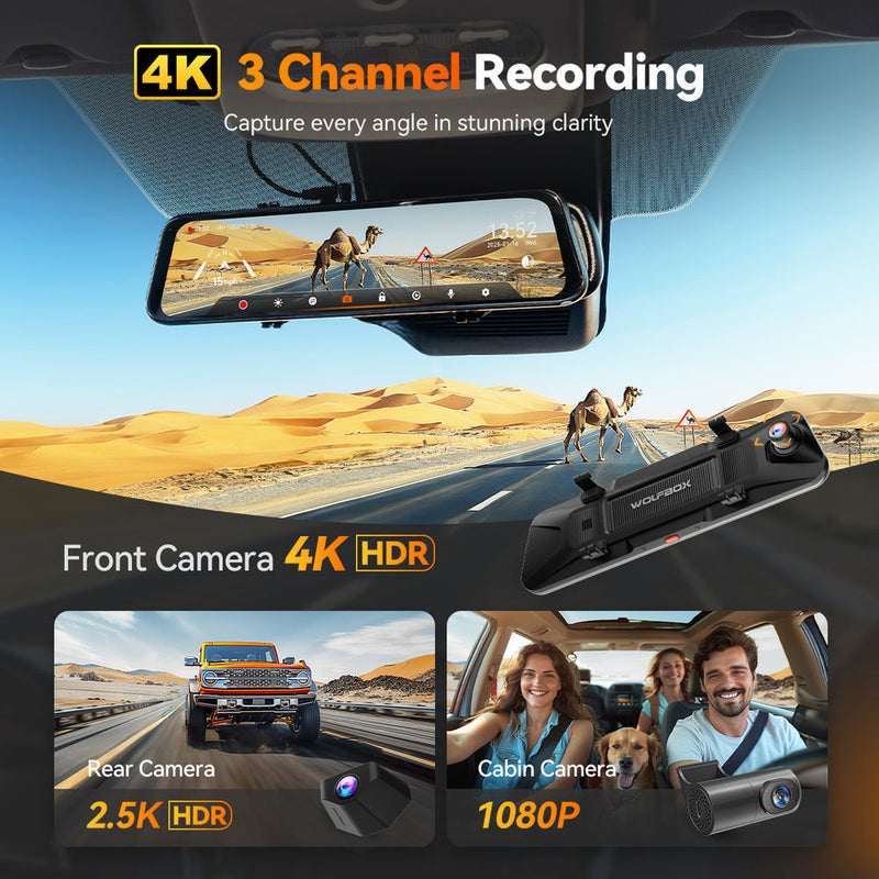 Load image into Gallery viewer, WOLFBOX G900 TriPro 3 Channel Bumper Version, 12" 4K+2.5K Mirror Dash Cam, Smart