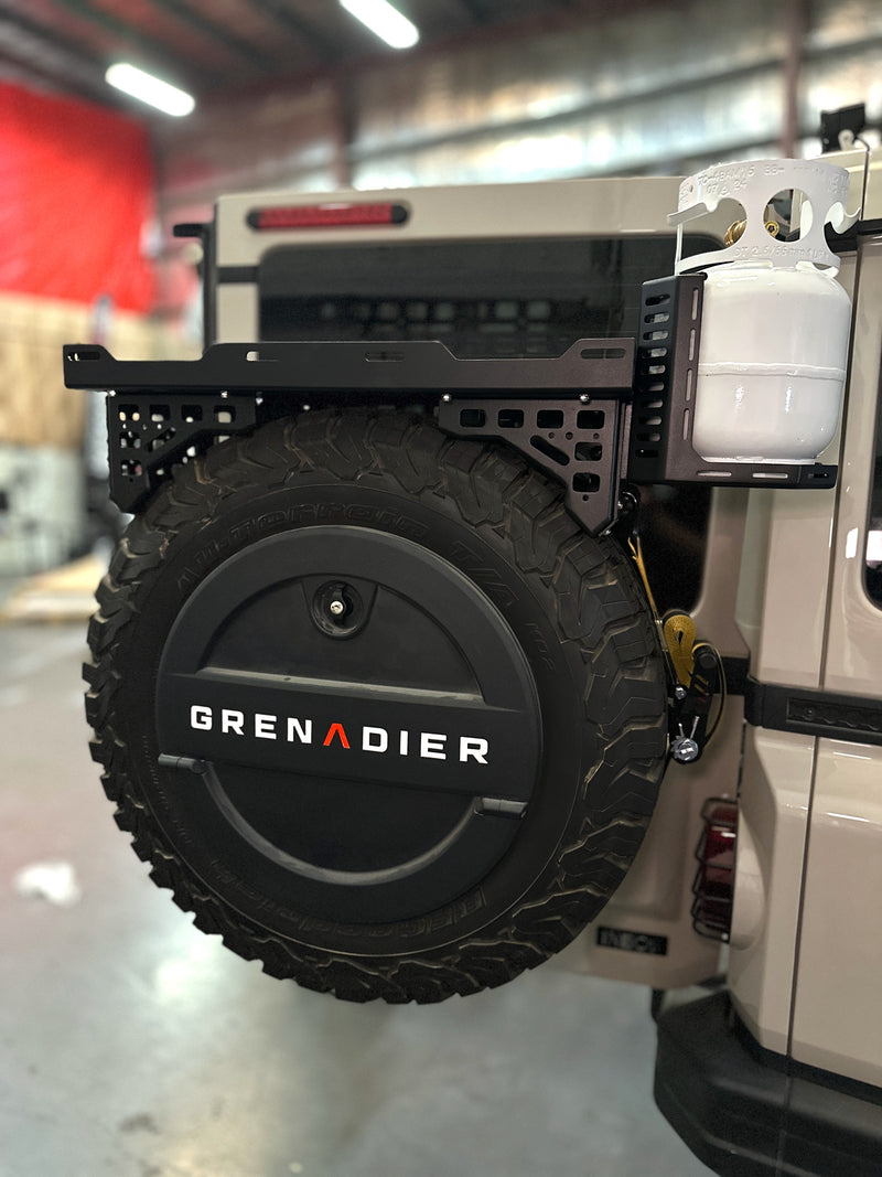 Load image into Gallery viewer, KARNYX - INEOS Grenadier Spare Tire Carrier Shelf with Optional Gas Bottle Holder

