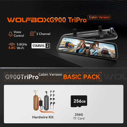 WOLFBOX G900 TriPro 3 Channel Bumper Version, 12" 4K+2.5K Mirror Dash Cam, Smart